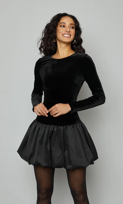 Black Puffball Velvet Mini Dress